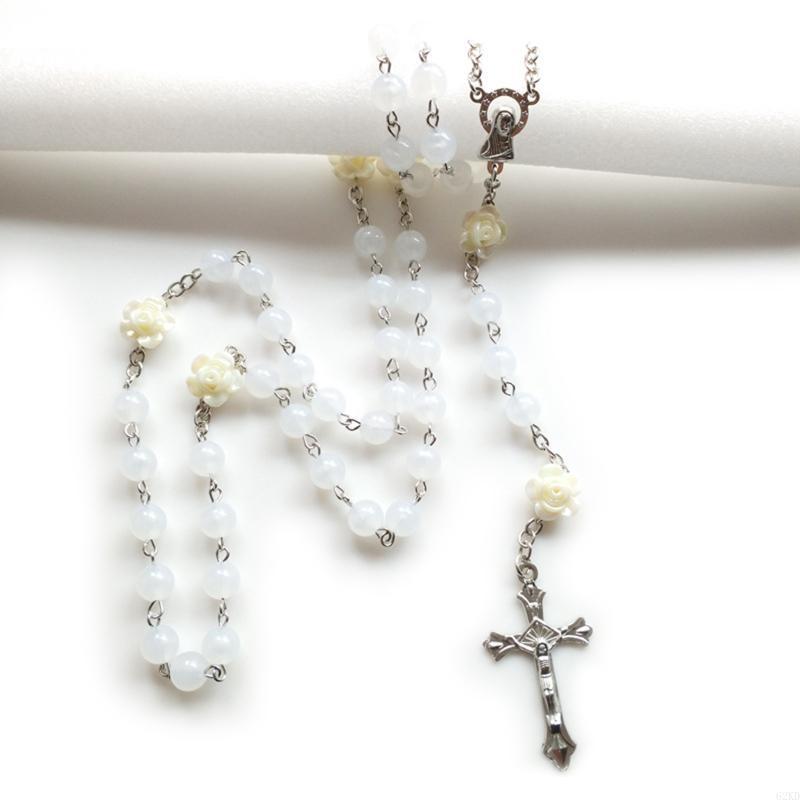 62KD 8mm Rosary Beads Flower Luminous Necklace with Jesus Crucifix for Cross Pendant Necklaces Glow in Dark Religious Jewelry