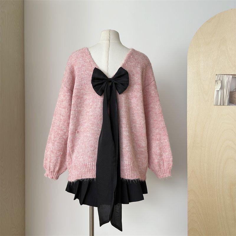 Rückenfreier Schleifen Grauer Alpaka-Wollpullover - Herbst Koreanischer Stil Slim Fit Pullover für Damen