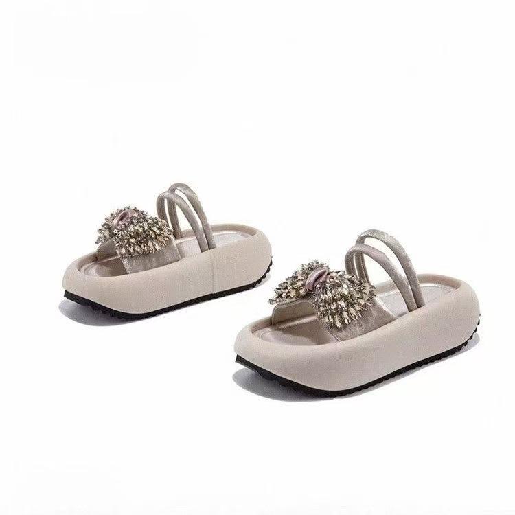 Popular Rhinestone Summer One-word Slippers Women's Outer Wear 2025 High-end Muffin Thick-bottomed Bow Cool Slippers Beach