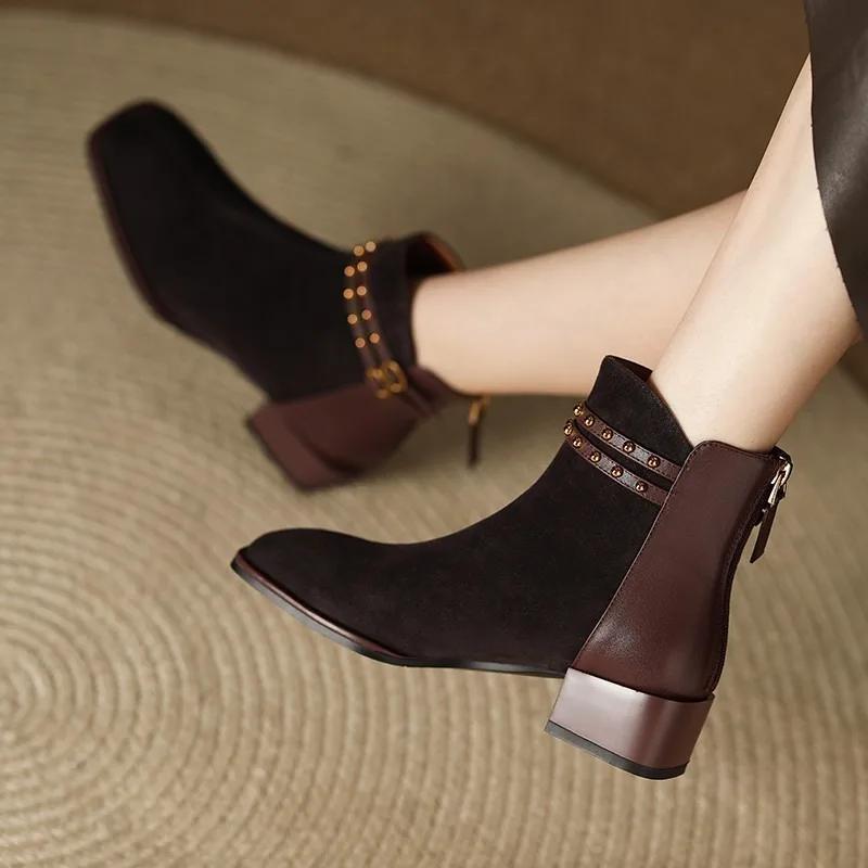 Fashion 2024 Hot Sale Women's Shoes Ankle Women's Boots Fashion Belt Buckle Office and Career New Back Zip Square Toe Shoes for Women