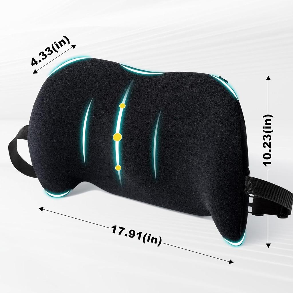 BYMECOST Lumbar Support Pillow For Car, Memory Foam Car Seat Back Support Pillow For Driving, Back Cushion With Strap For Pain Relief, Ergonomic Back