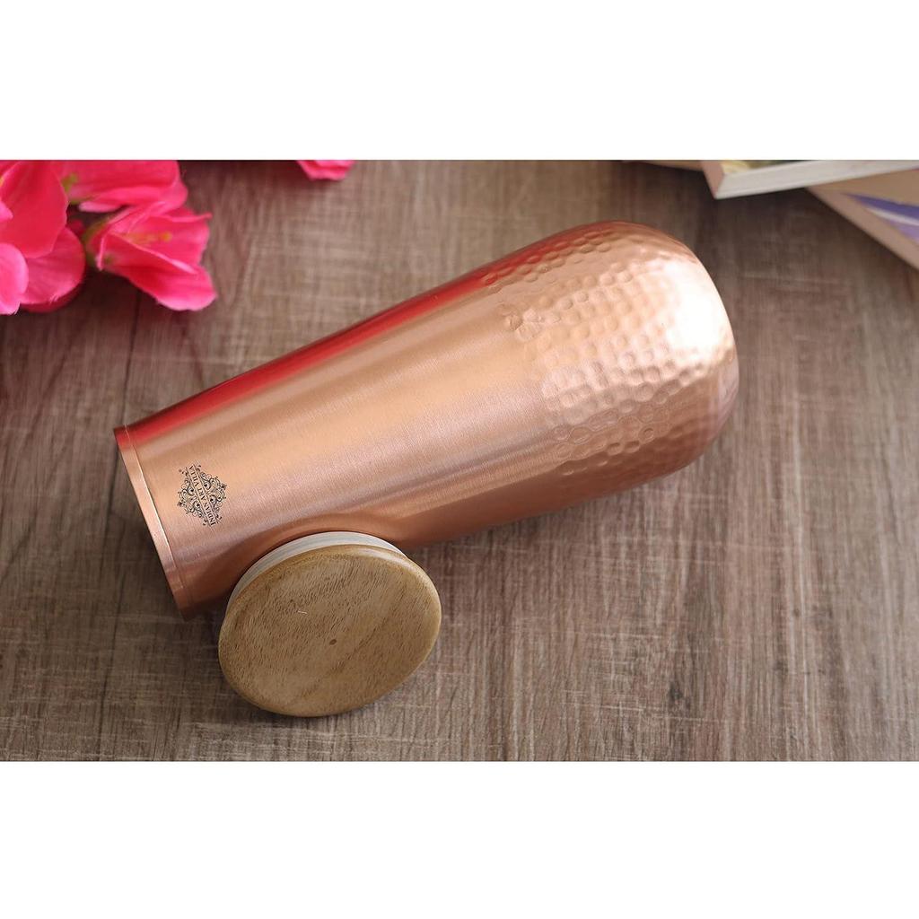Pure Copper Bedroom Water Bottle with Wooden Lid, Aqua Vase Design with Hammered Lacquer Finish - Volume 1300 Ml (Pack of 2)