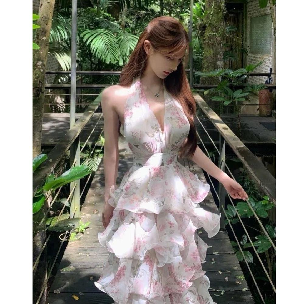 French Holiday Style Floral Halter Neck Dress Women's Summer New Design Waist Ruffle Cake Skirt