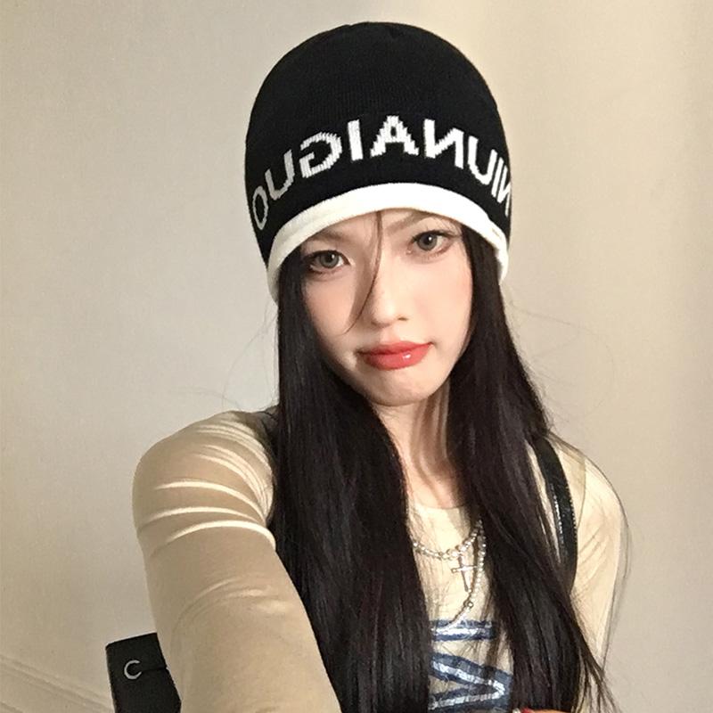 Letter White Knitted Wool Hat Women's Autumn and Winter Versatile Big Head Circumference Bag Head Cold Hat Showing Face Small Pile Hat