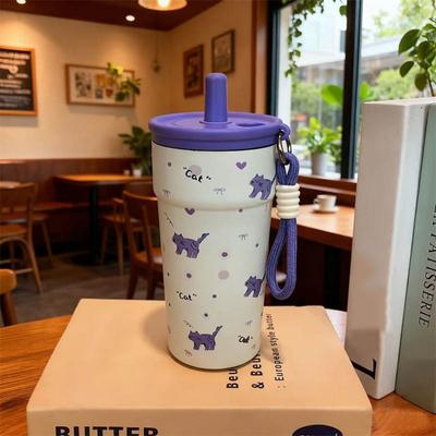 Portable 500ML Vacuum Cup Large Capacity Double Drink Straw Vacuum Cup With Lifting Rope Leak-proof Insulated Cup Drinkware