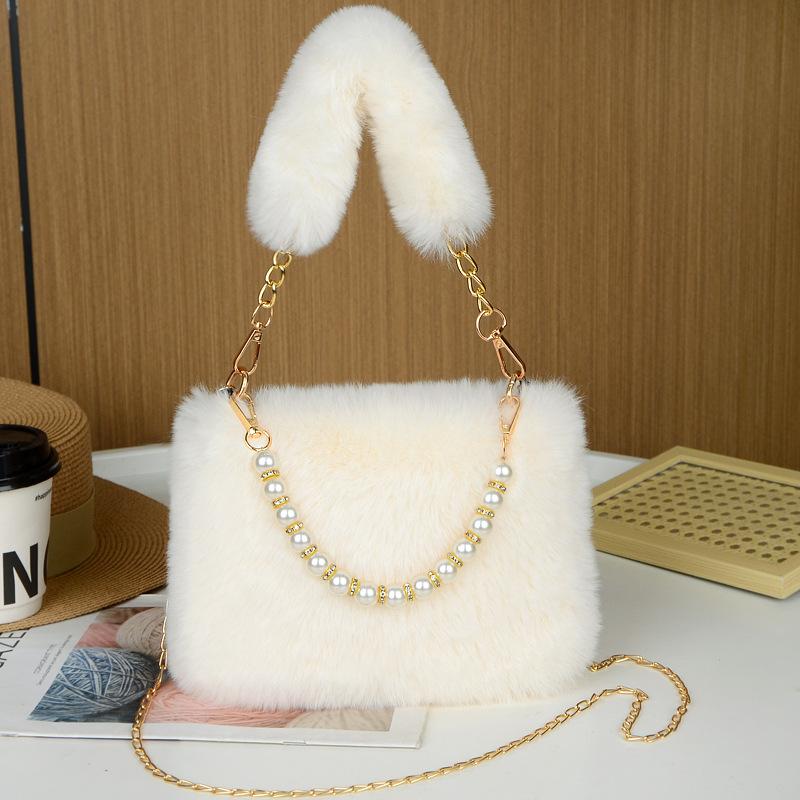 

Niche design spring and summer hair bag new fashion pearl handbag plush messenger women s bag pearl portable chain small square bag