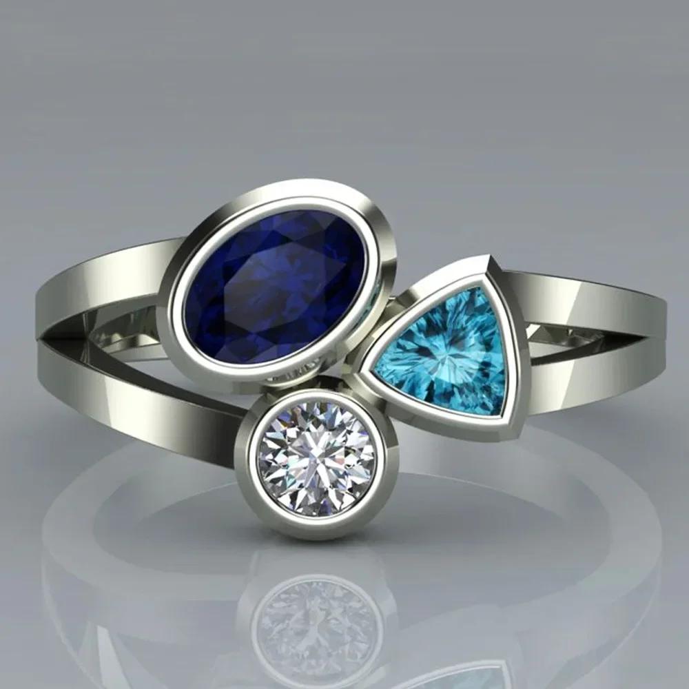 

Oval Triangle Stone Engagement Ring with Three Color Zircon Wedding Band - Fascinating round Design 6&Copper Plated