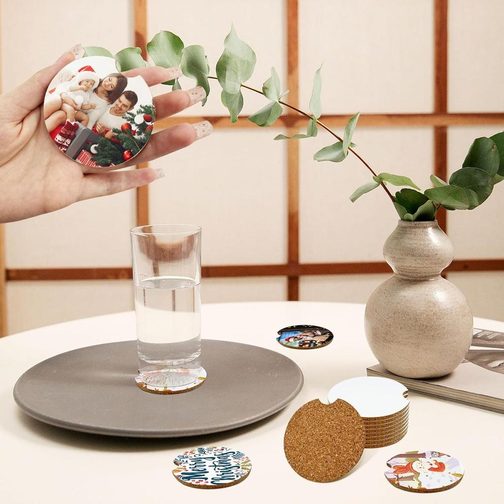 Sublimation Blank Car Coasters,40Pcs 2.6 Inch Round Cork Water Absorbent Coasters Set,Sublimation Heat Transfer Cup Coaster for Drink,Car