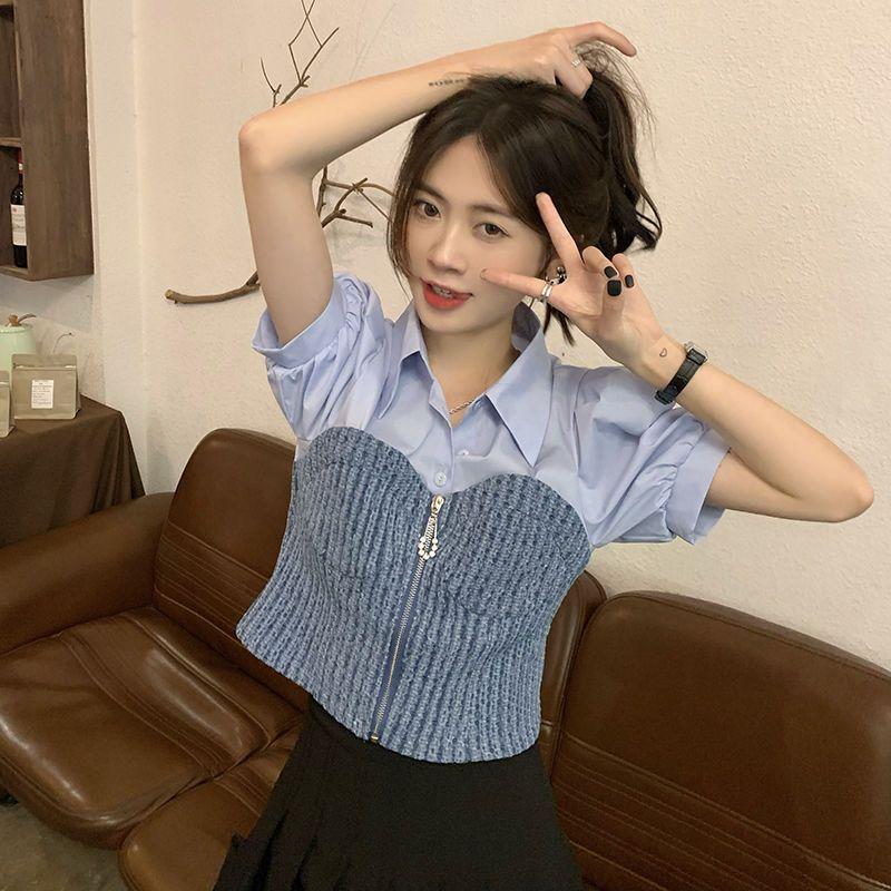 

WTEMPO Брендовая модная лоскутная женская рубашка с объемными рукавами, дизайнерские нишевые тонкие и тонкие топы с короткими рукавами во французском стиле ретро M синий