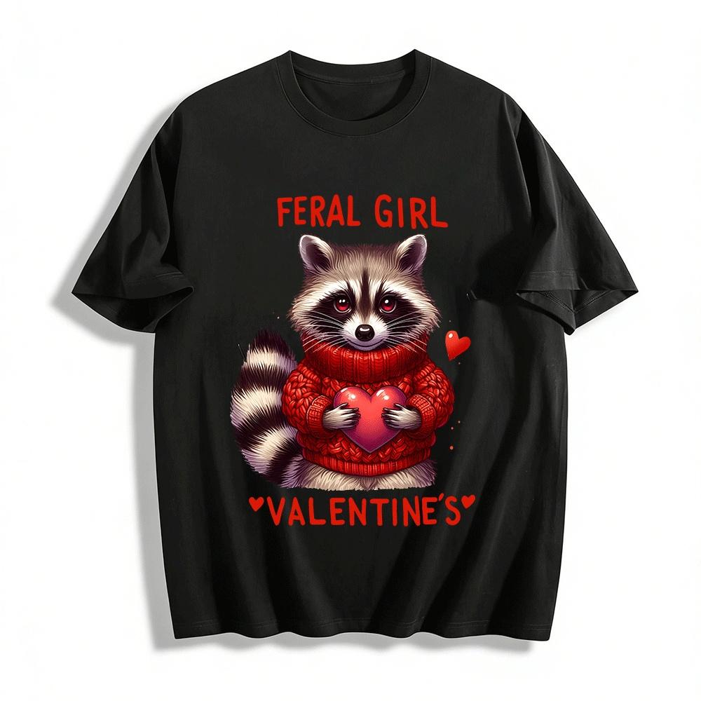 

Feral Girl Valentines Day Raccoon Print Casual Top Pure cotton T-shirt XXS