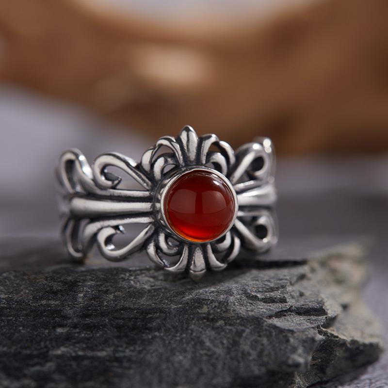 Personalized S925 Sterling Silver Natural Colored Treasure Ring, Retro Iris Exquisite Open Ring, Adjustable Couple Index Finger Ring