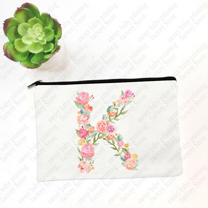 Initials Flower Women White Cosmetic Bag Travel Lipstick Bags Mujer Bolsas Bridesmaid Maid of Honor Makeup Bag Wristlet Clutch