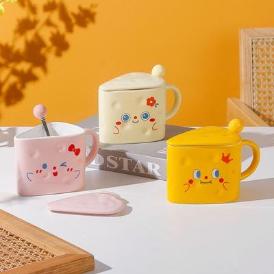 Creative Mug Cartoon Cheese Cup Ceramic Cup Cute with Lid Spoon Gift Coffee Couple Water Cup