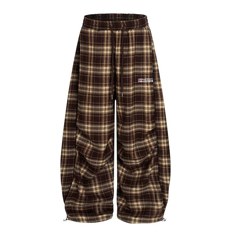 Embroidered Cargo Pants Wide Leg Loose Casual Trousers Unisex Vintage American Plaid Fall Winter