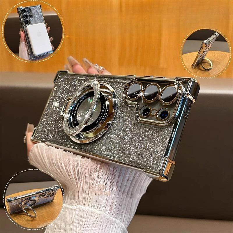Suitable for Samsung S25 Ultra Flash Powder Magnetic Suction Bracket Mobile Phone Case A56 Electroplated Four Corner Anti Fall NOTE20 Case A36