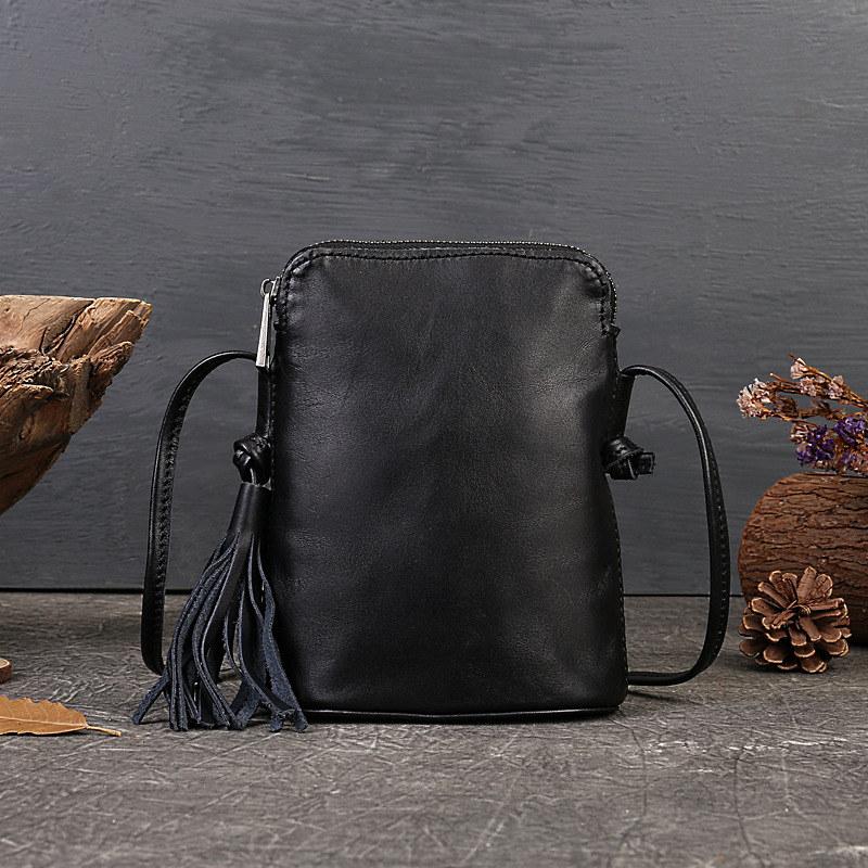 

Жіночі сумки через плече з натуральної шкіри Вінтажний дизайн Сумка через плече з китицями Модні м’які сумки для телефону на блискавці GZW 15*20*6.5cm чорний