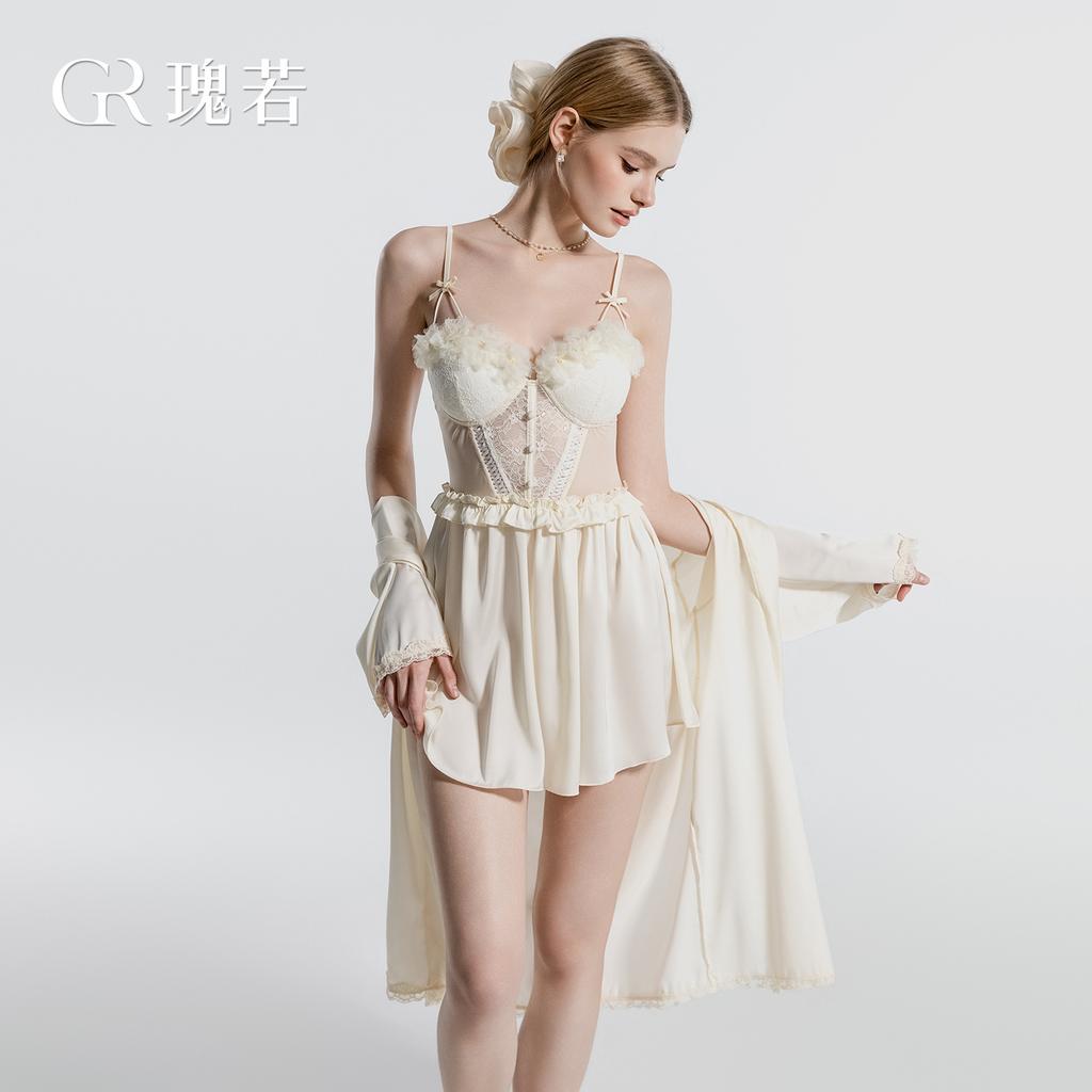Women's Satin Lace Sheer Cutout Padded Backless Cami Sleep Dress with Robe Lounge Set