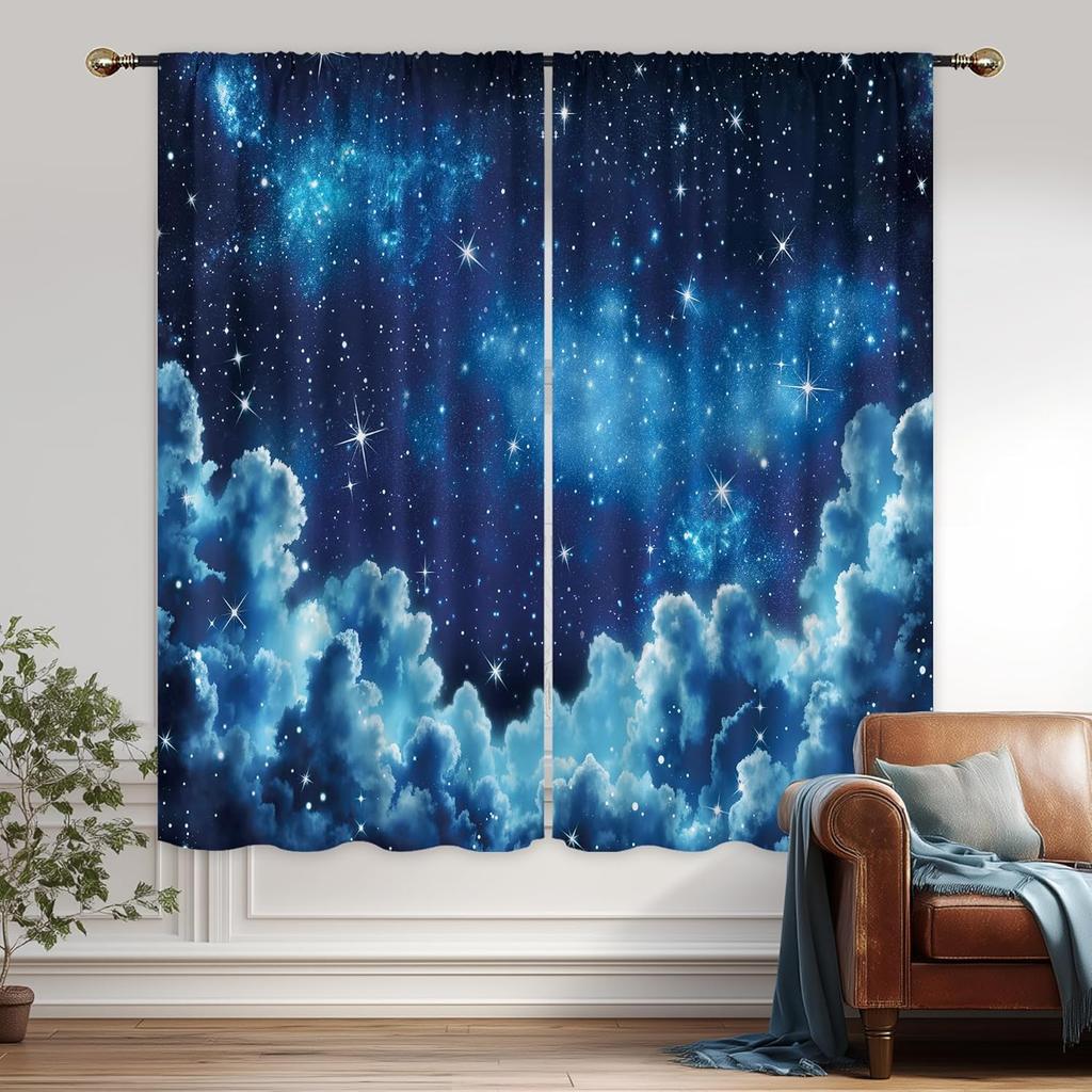 Starry Night Sky Curta Blue Galaxy Clouds Print For Bedroom Window Dreamy Decor