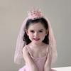 Girl Crown Headband with Sequins Imitation Pearls Princess-Style Crown Mesh Veil Toddler Princess Headpiece Baby Girl Photo Accessory