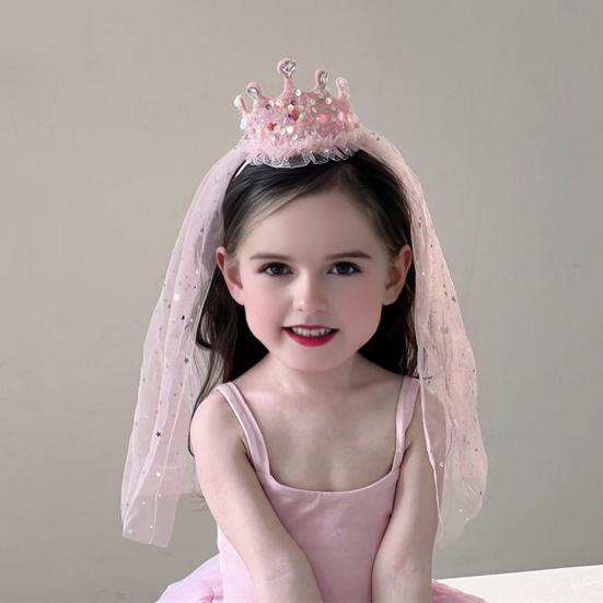 Girl Crown Headband with Sequins Imitation Pearls Princess-Style Crown Mesh Veil Toddler Princess Headpiece Baby Girl Photo Accessory