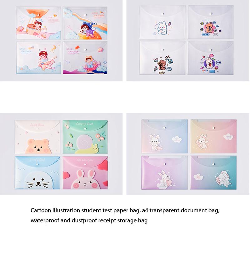 4pcs File Bags For Document Cute Cartoon File Holder Snap Button PVC Folder Pen Box Office Information Bag Student Stationery
