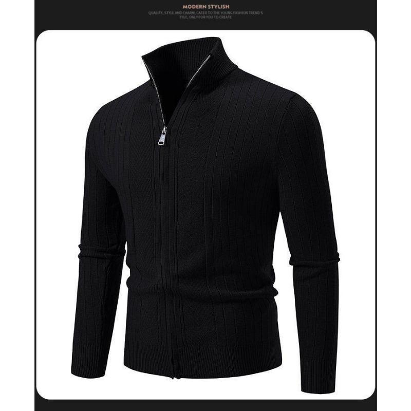 Mens Stand Collar Thickened Jacquard Zip Up Cardigan Knit Sweater