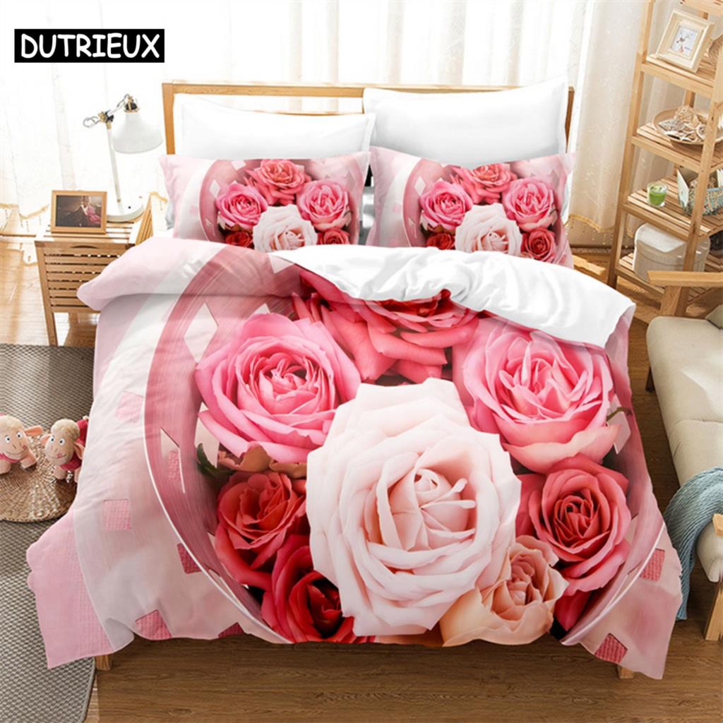 Rosenrosa Verliebte Queen Bettwäsche-Set Bettbezug Kinderzimmer Bett-Set Deckenbezug-Set King-Size Bettbezug-Set Bettwäsche-Sets