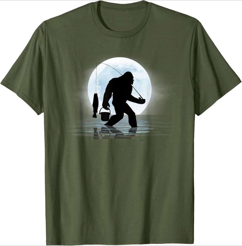 Bigfoot Fishing Funny Sasquatch and Fish Night Fishing design100 cotton Oneck short sleeve casual printed Unisexs Tshirt