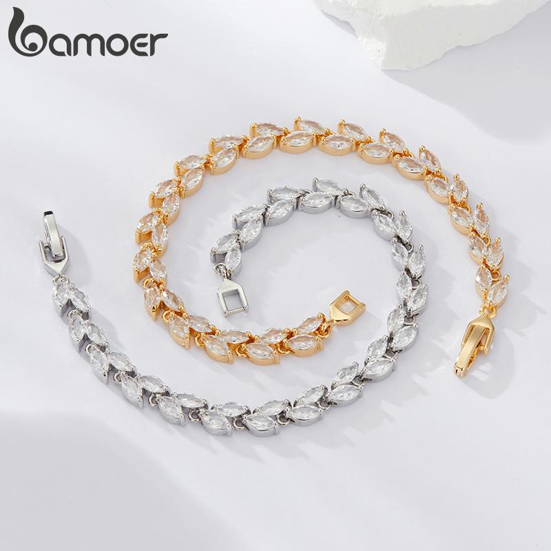 BAMOER White Gold Plated Sparkling Cubic Zirconia Classic Olive Leaf Bracelet, Gold Bracelets for Women Fashion Jewelry