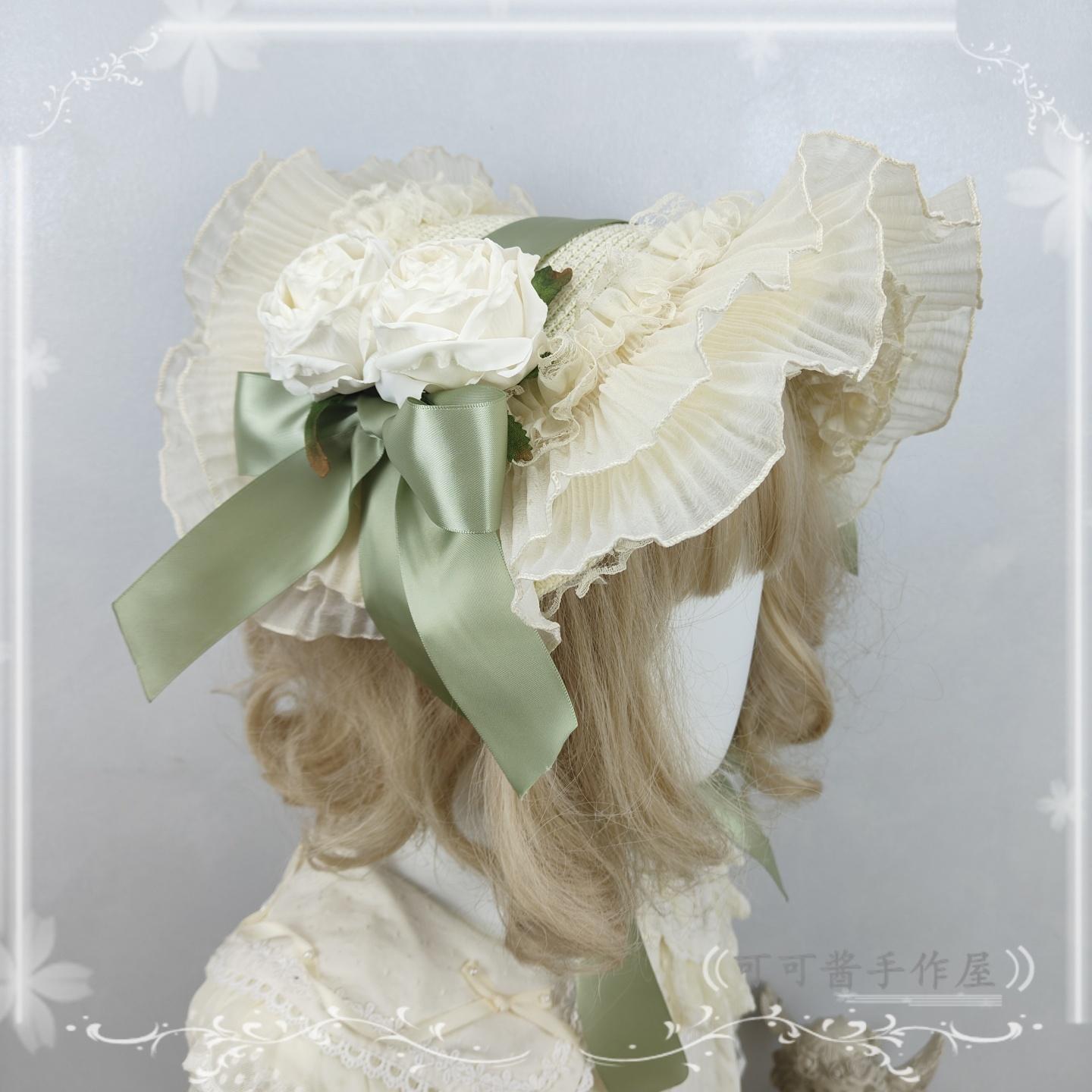 

Original Handmade Lace Bow Straw Hat Lolita Flat Hats Lolita Straw Hats Bonnet BNT Hat Sun Hat for Women зелёный