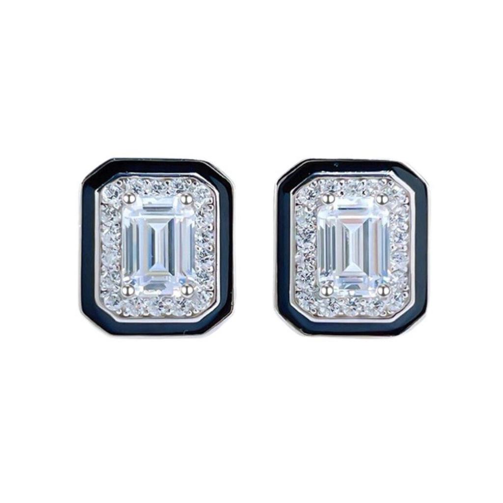 Chic Geometric Square Stud Earrings for Women Elegant Black Border and Sparkling Stone Earrings for Daily and Formal Occasions