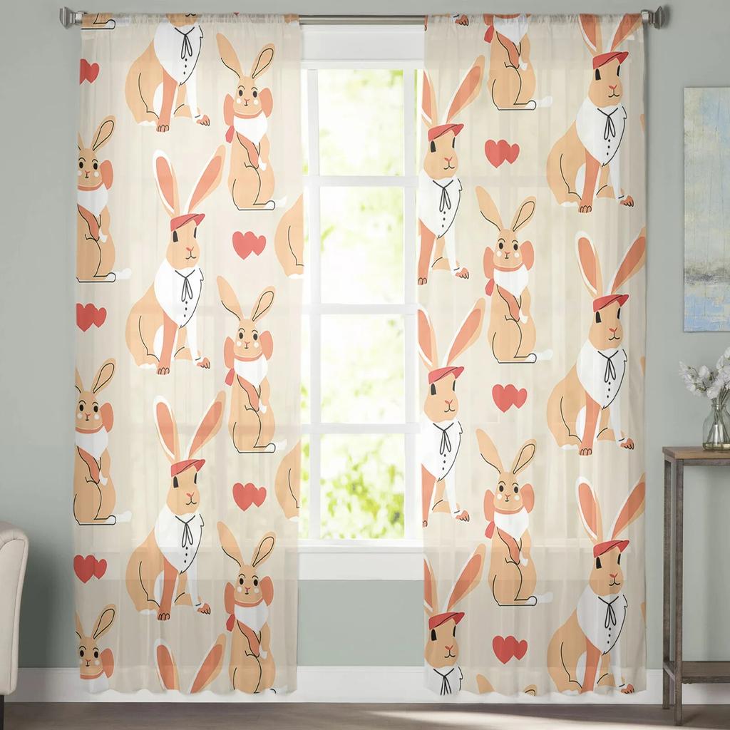 Durchsichtige Vorhänge mit Kaninchenmotiv, für Wohnzimmer, Schlafzimmer, Kinderzimmer, Tüll, Fenstervorhänge