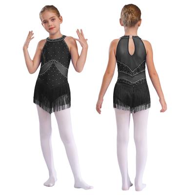 Kids Figure Skating Costume Sheer Mesh Leotard with Rhinestones and Tassel Accents