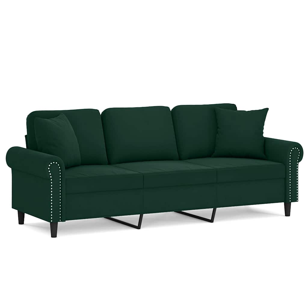 3 Seater Sofa with Decorative Cushions Dark Green 180 Cm Velvet