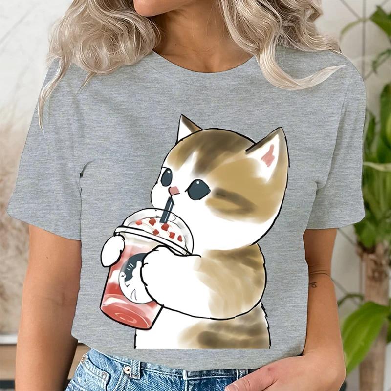 Women Boba Tea Cat Print Casual Clothes Tee Tshirt Fashion Female Tops Mujer Camisetas Ladies Anime Cartoon Graphic TShirt Tops