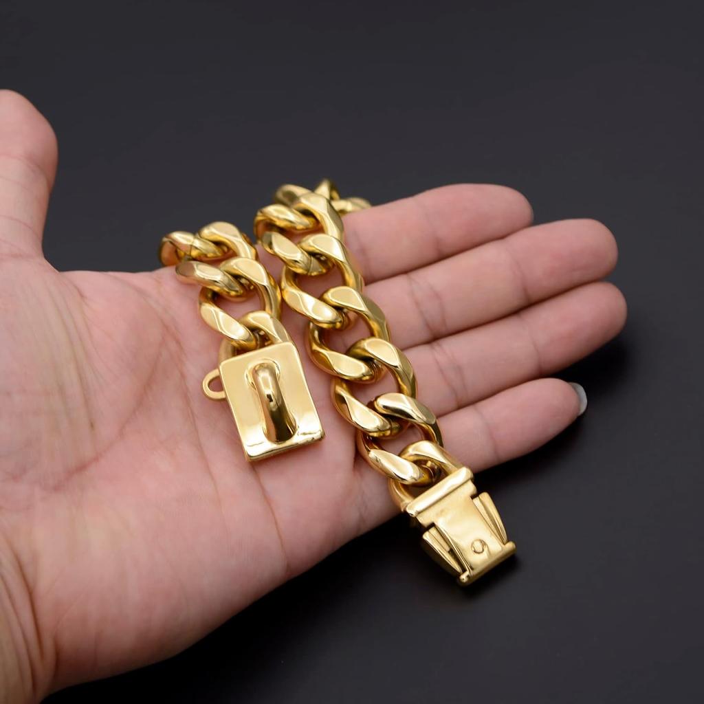 18K Gold Dog Chain Collar Walking Metal Chain Collar with Design Secure Buckle, Cuban Link Strong Heavy Duty Chew Proof for Dogs (18")