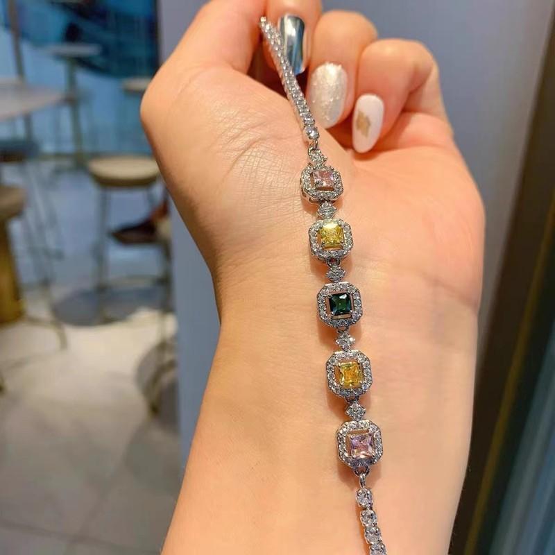 

Simulation Color Tourmaline Princess Square Full Diamond Bracelet Women s Dopamine Bracelet Bracelet Hand Jewelry