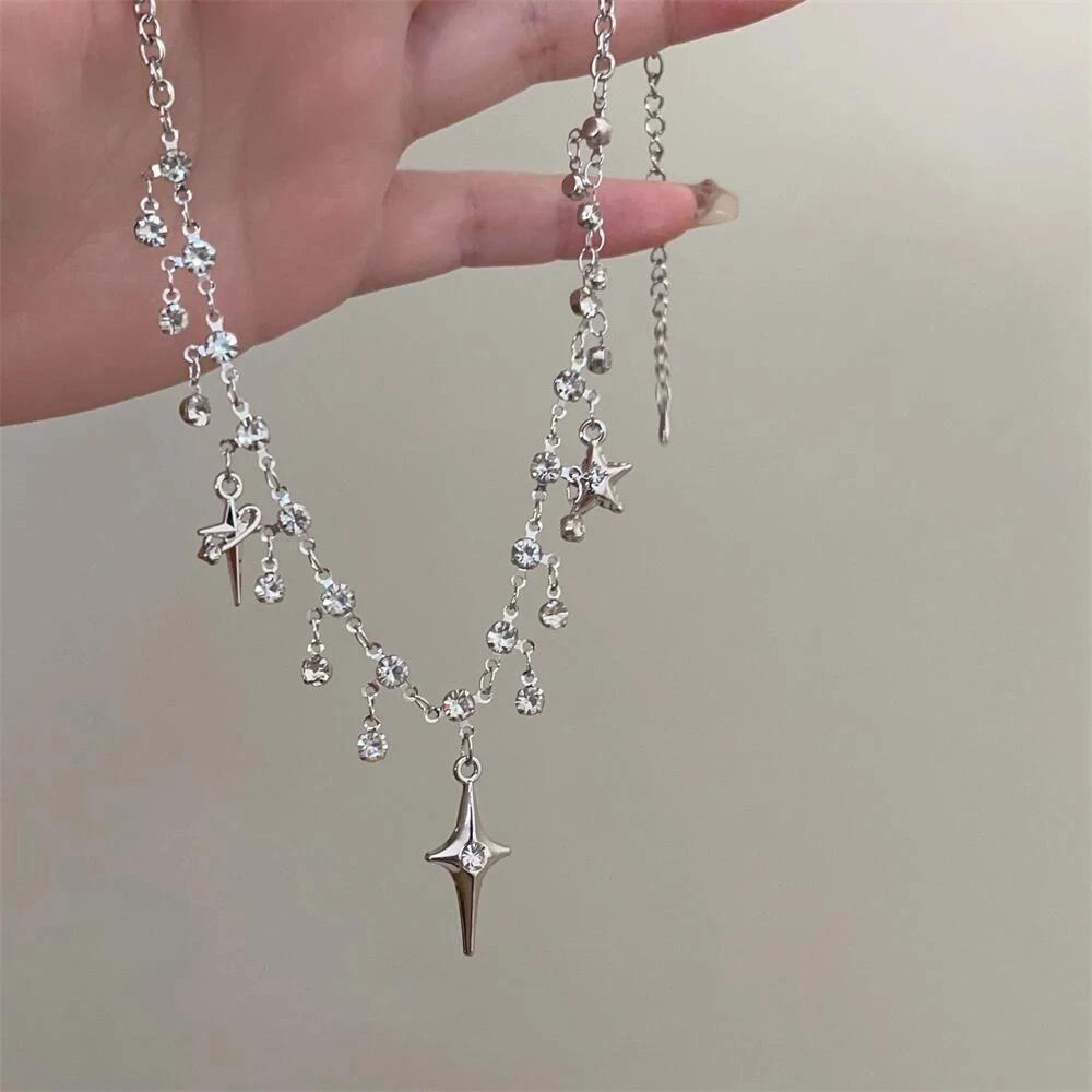 

Fashion Kpop Cross Crystal Zircon Pendant Tassel Necklace for Women Girls Clavicle Chain Accessories Aesthetic Y2k Jewelry Gifts серебряный