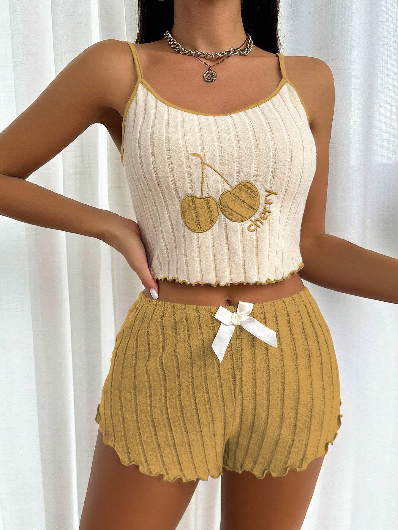 

European and American style embroidered pajamas women s polished suspender vest shorts set loungewear S жёлтый