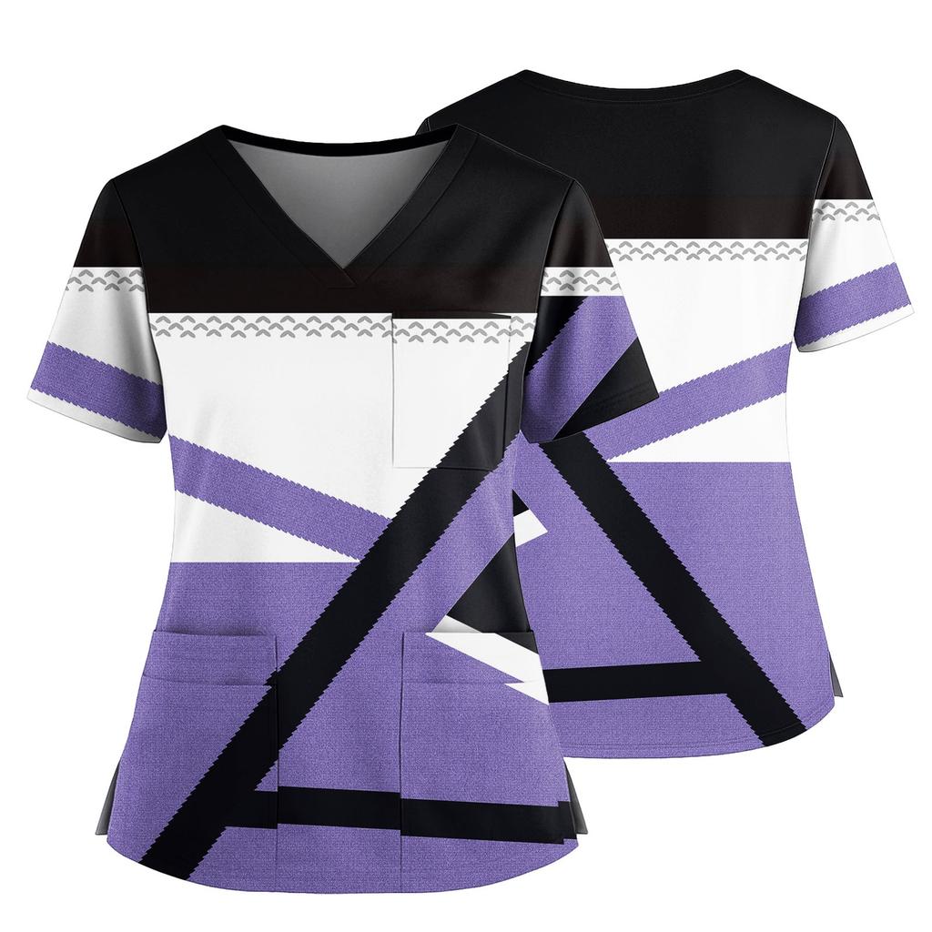 Women's Casual Printed V-Neck Pocket Side Slit Short Sleeved Top Short Sleeved Top