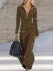 Women Zip Front Stand Collar Long Sleeve Dress Solid Color Long dress