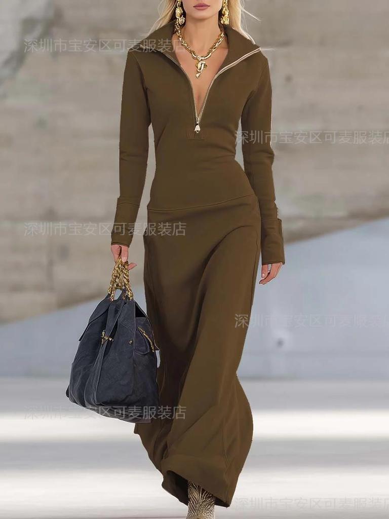 Women Zip Front Stand Collar Long Sleeve Dress Solid Color Long dress