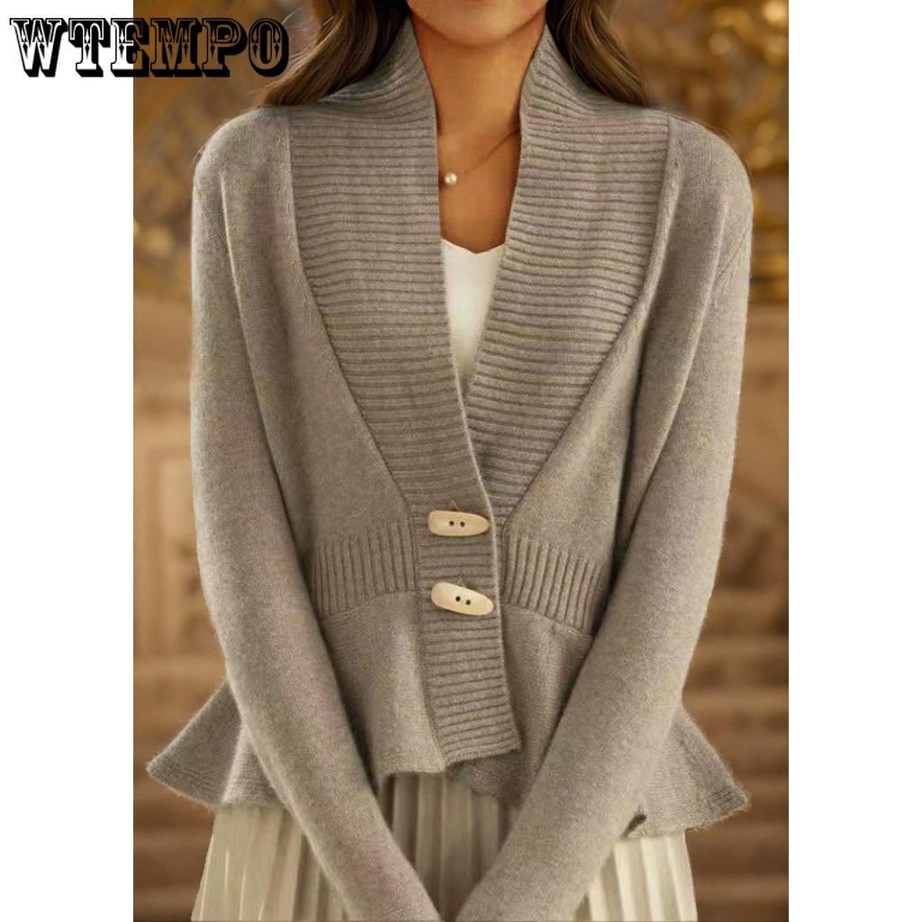 Autumn and Winter New Solid Color Retro Knitted Cardigan Women's V-neck Ruffled Hem Sweater Jacket