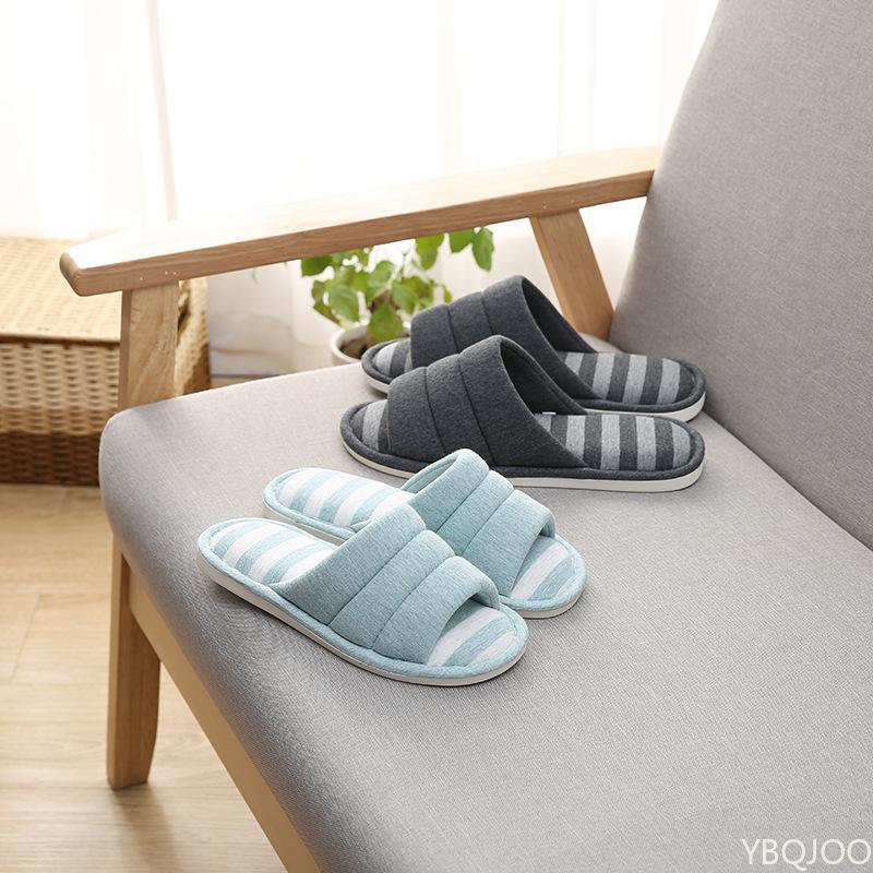 Fashion Soft home couple indoor slippers women's thick soled bedroom slippers striped cotton women's open toed slippers