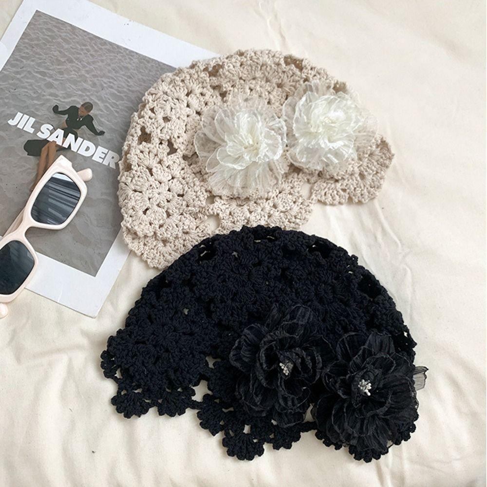 Hollow Out Crochet Hollow Flower Knitted Hat Elegant Knit Cap Retro Warm Beanies Hat Autumn
