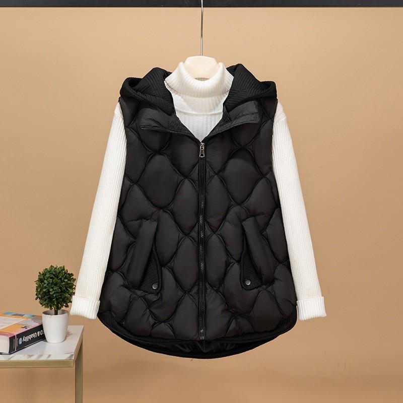 Womens Lightweight Puffer Vest With Detachable Knit Hood Loose Sleeveless Cotton-Padded Gilet Fall Winter