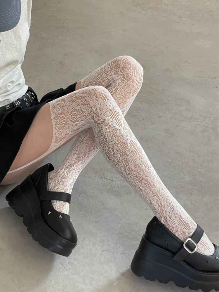 New Floral Pattern Coffee Fishnet Stockings with Suspender Women Sexy Brown Hollow Out Mesh Thigh High Socks Lolita Long Socks