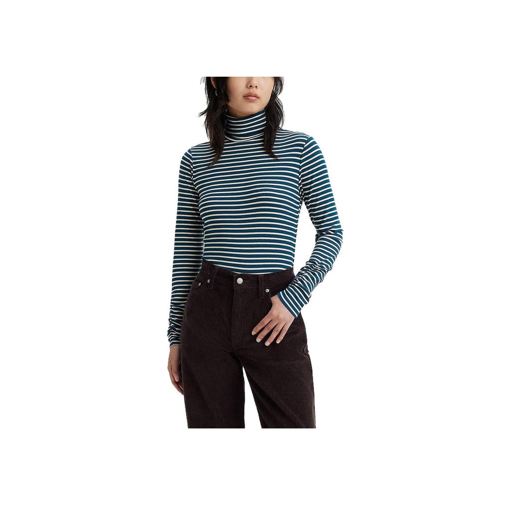 Levis High Collar Long Sleeve Striped Sweater Women Tops Blue Green A6888-0004