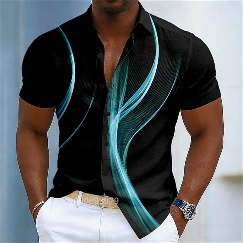 Men's Gradient Line Lapel Shirt, Summer Casual Vacation Outdoor Top