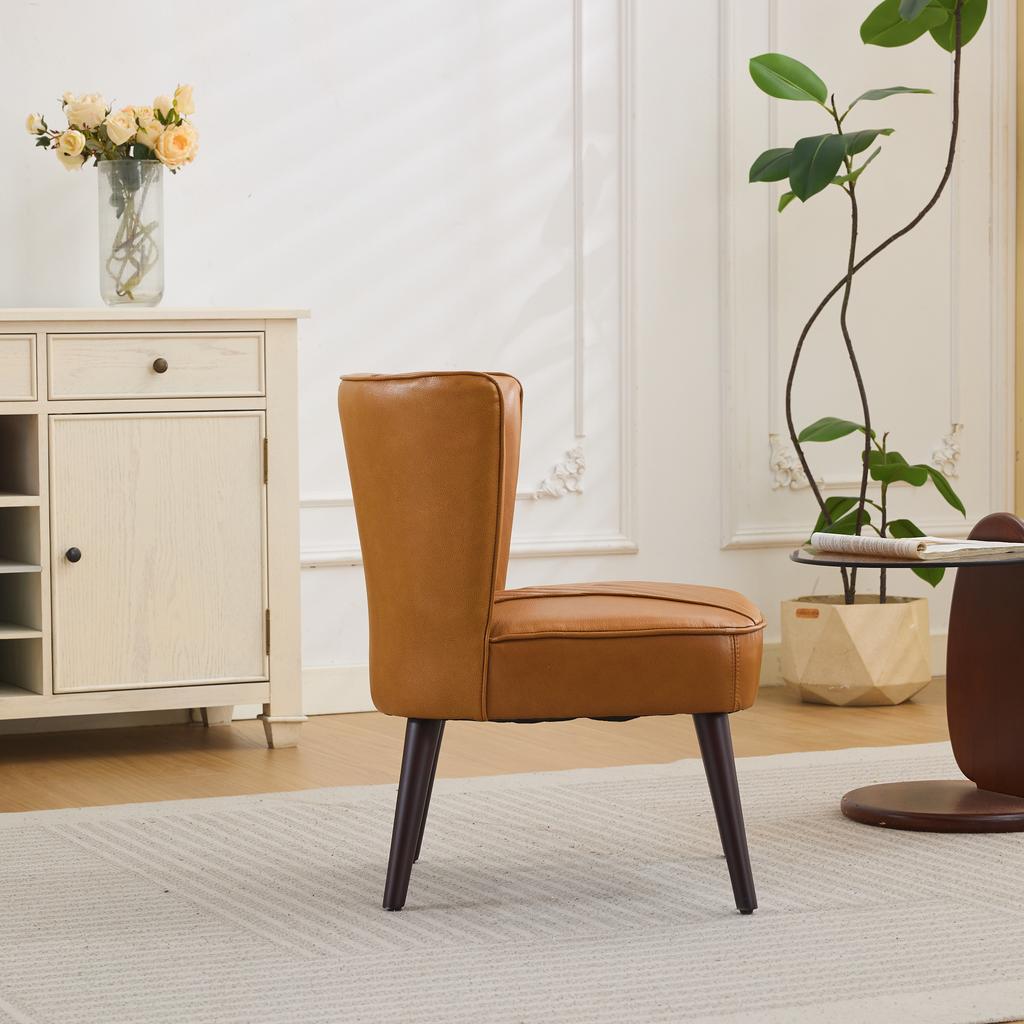 Light brown genuine leather living room lounge chair without armrests – solid rubberwood base, modern comfort chair